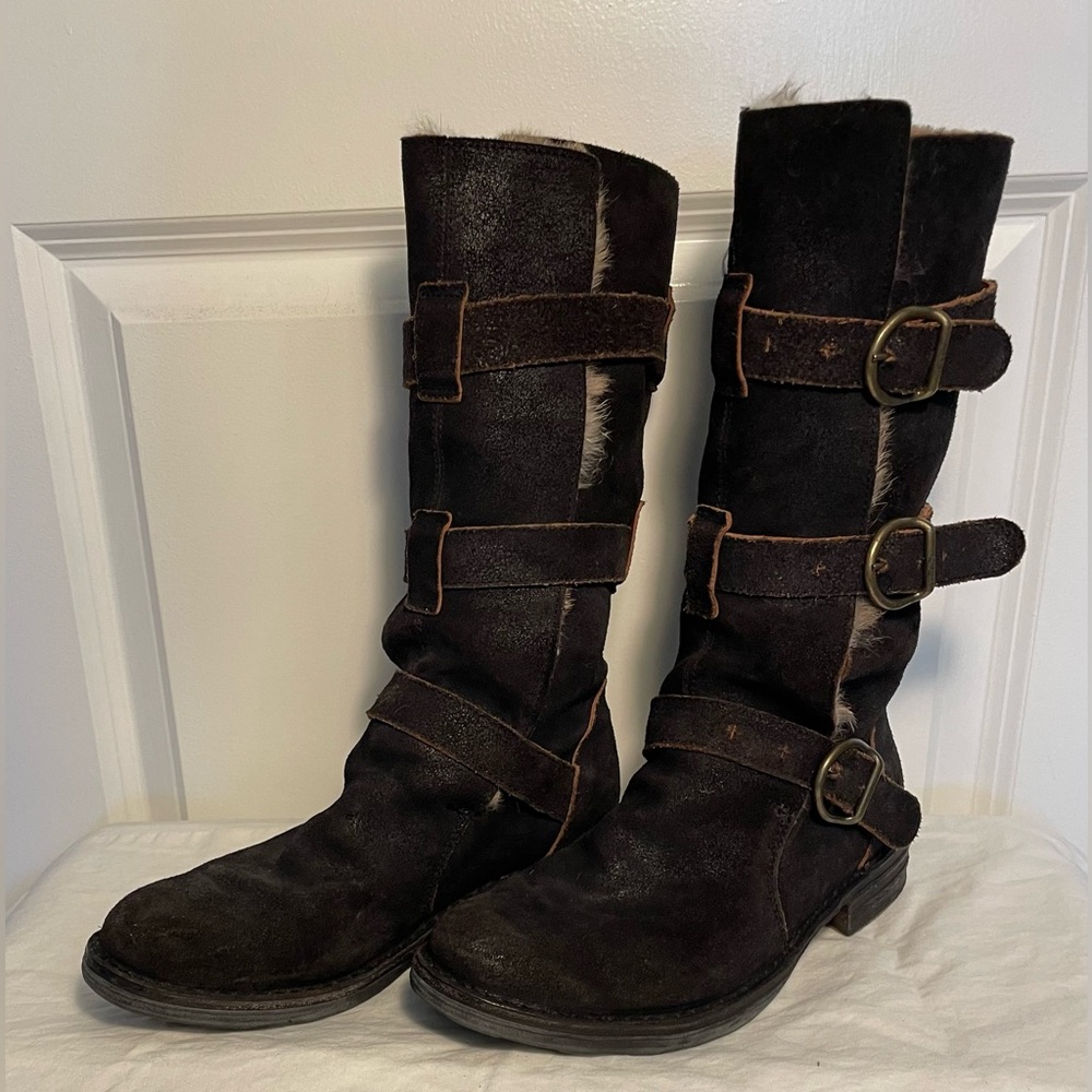 Fiorentini+Baker LEVANZO NERO Brown Suede Boots 3 Straps w/ Gold Buckles